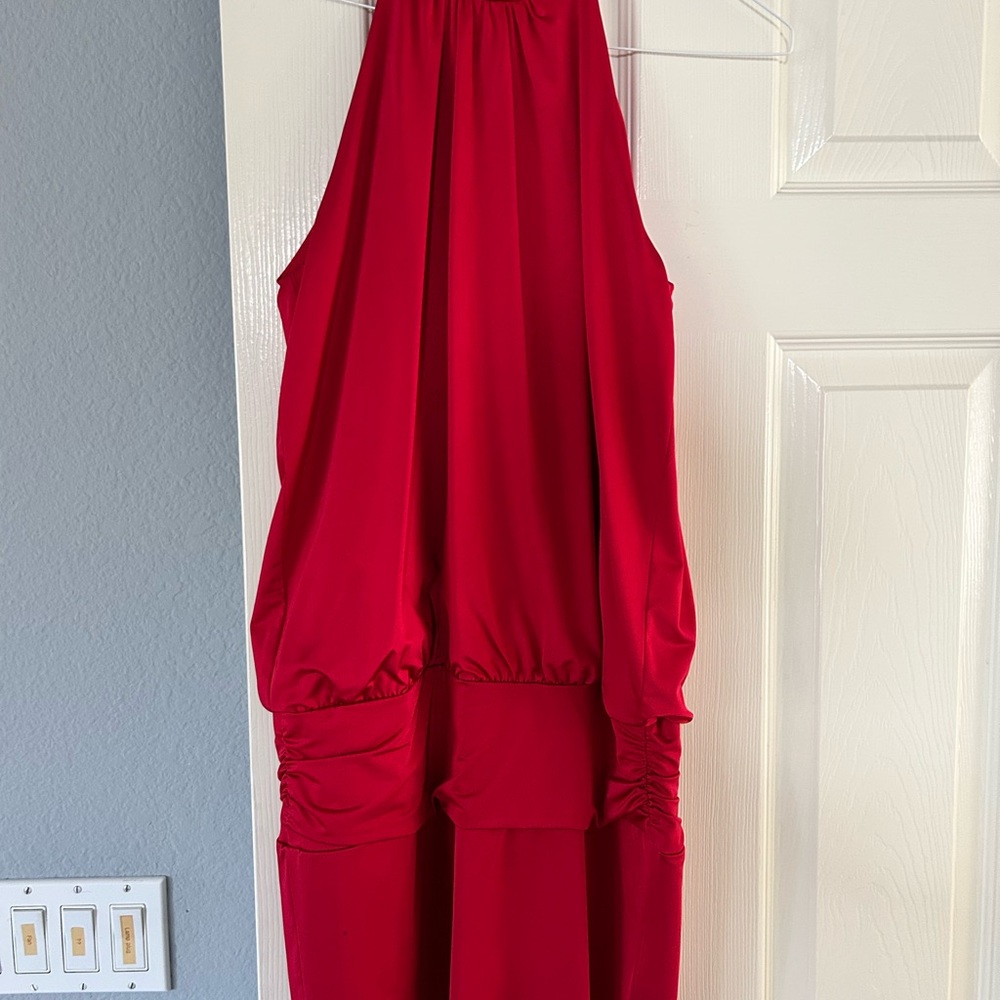 Fredericks of Hollywood Red Halter Mini Dress Open‎ Back Ruched Cocktail Womens